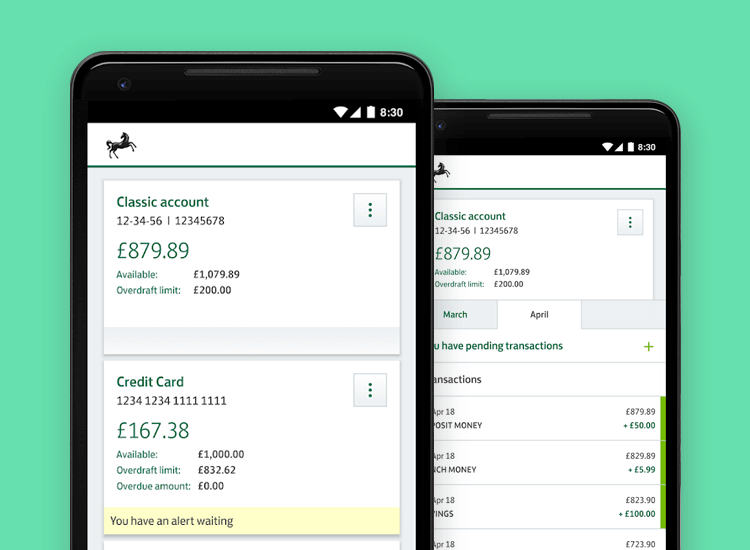 Banking app design patterns and examples - Lloyds makes all account balances visible on cards that the user can swipe