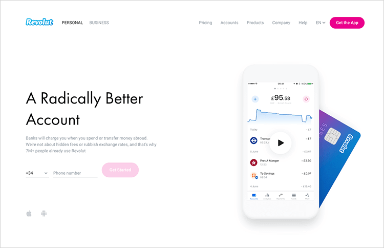 Banking app design patterns and examples - Revolut uses a contrasting color scheme